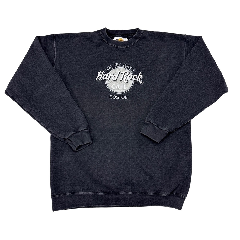 Vintage Hard Rock Cafe Boston Sweatshirt Large Crewneck Pullover Faded Black